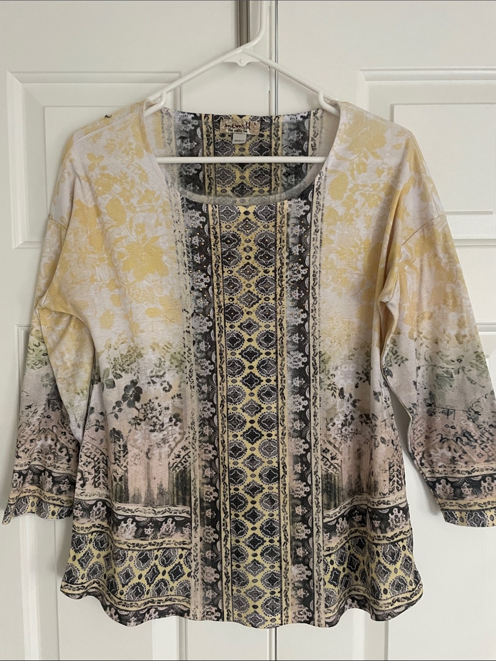 ONE WORLD Yellow Floral Mixed-Print Tunic Top